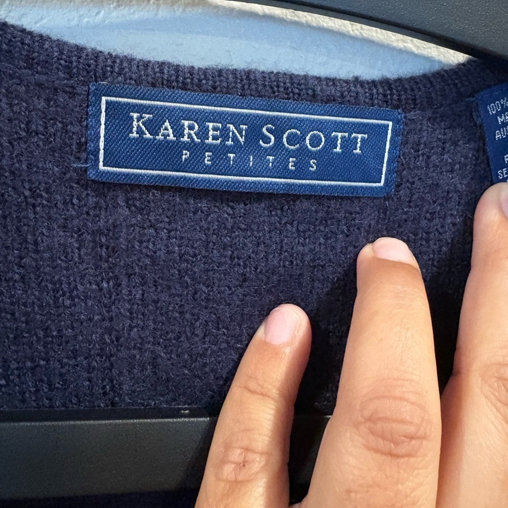 Karen Scott Australian Wool Waist Length Navy Blue Cardigan Women’s Size Pet L - Picture 3 of 13